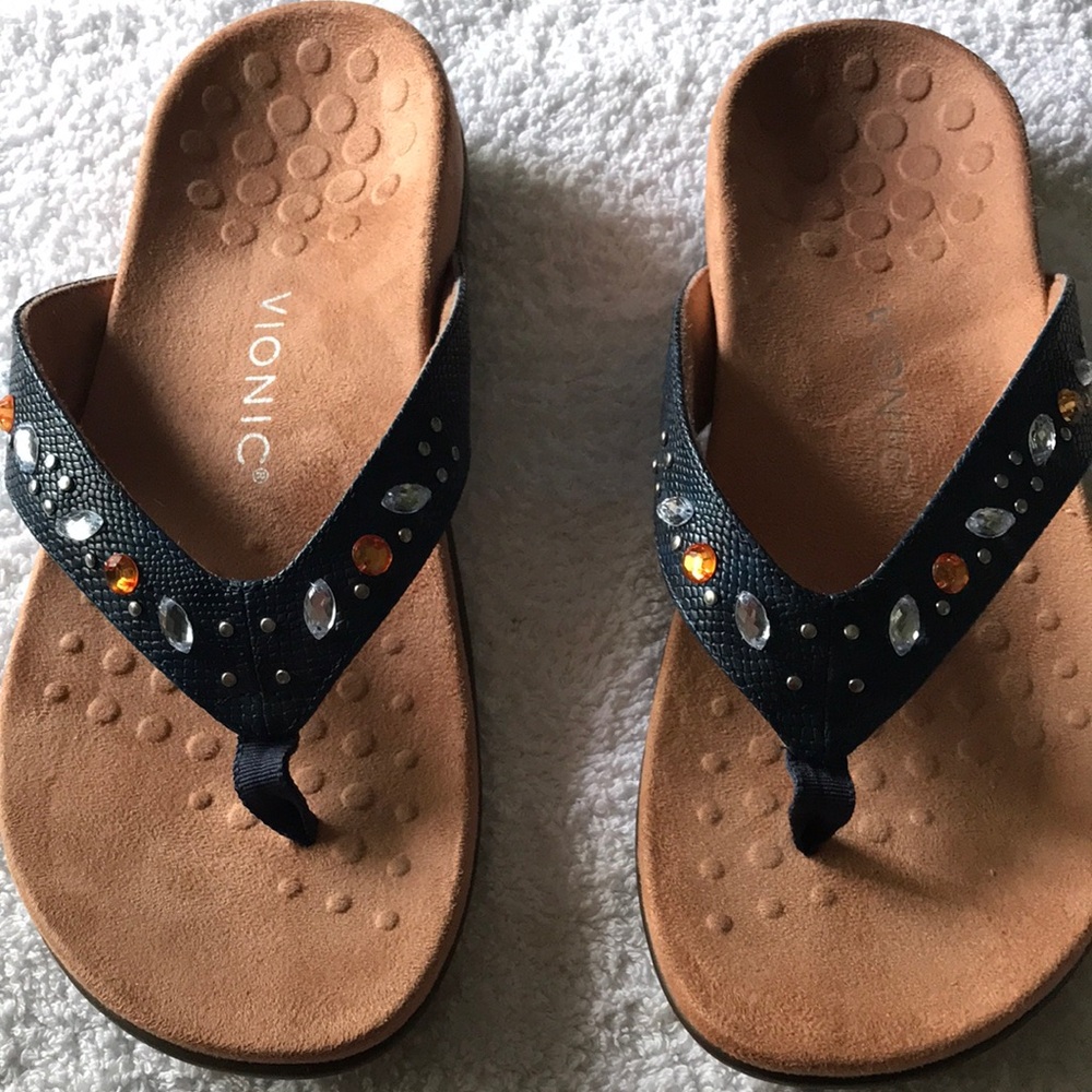 Vionic Black and Brown Sandals with Gem Accents worn once.